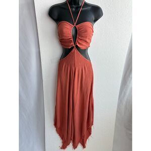 Blue Life Halter Orange Midi Dress Size M Sexy Sharktooth Hem Cutouts Beachy